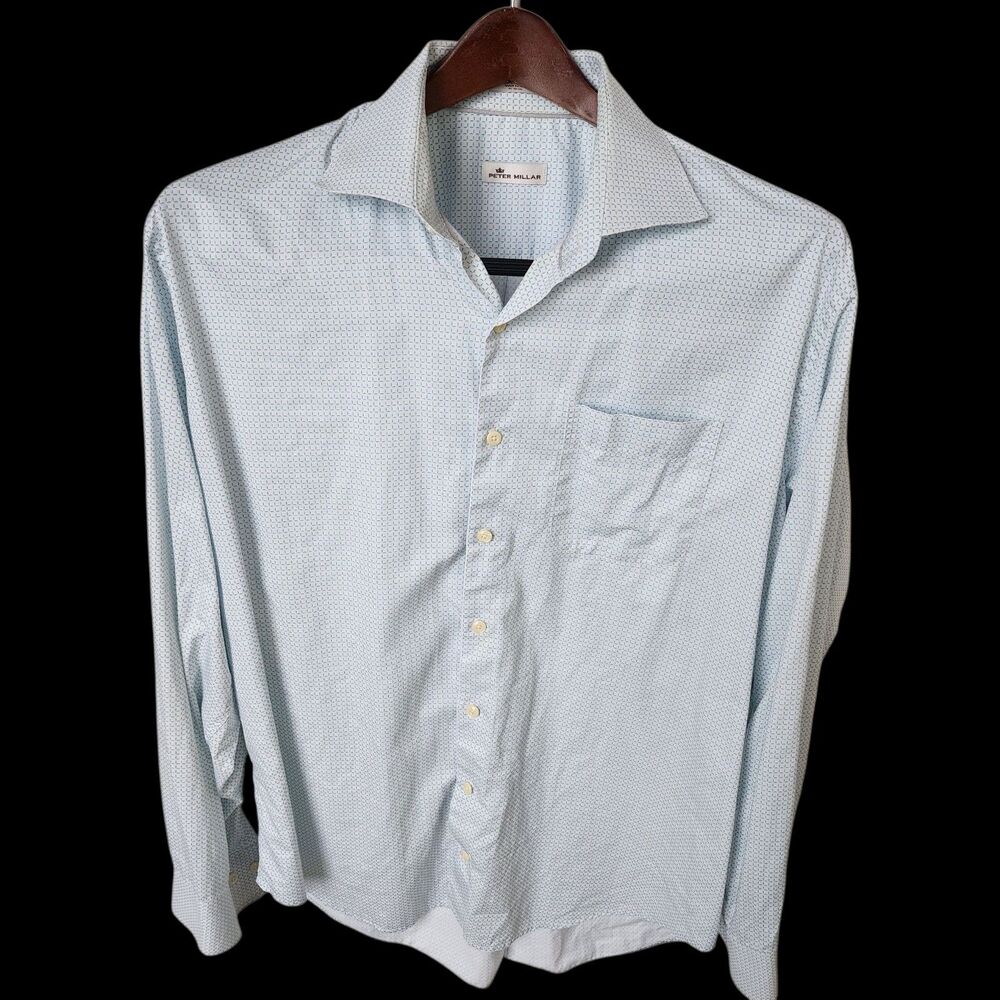Peter Millar Men's XL 100% Cotton Blue White Geometric Button Up Shirt